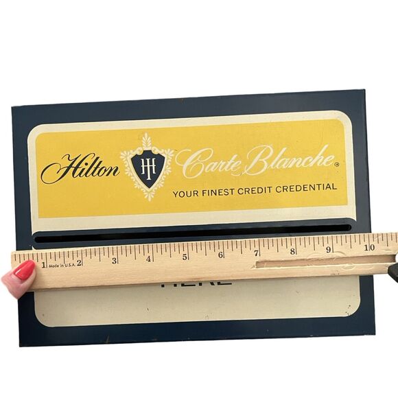 Vintage Hilton Carte Blanche Credit Card Application Blue Yellow Tin Box 50s 60s - Picture 9 of 10